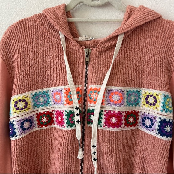 POL NWT Boho Granny Square Crochet Oversized Zip Hoodie L Vintage Wash Peach - Picture 6 of 16